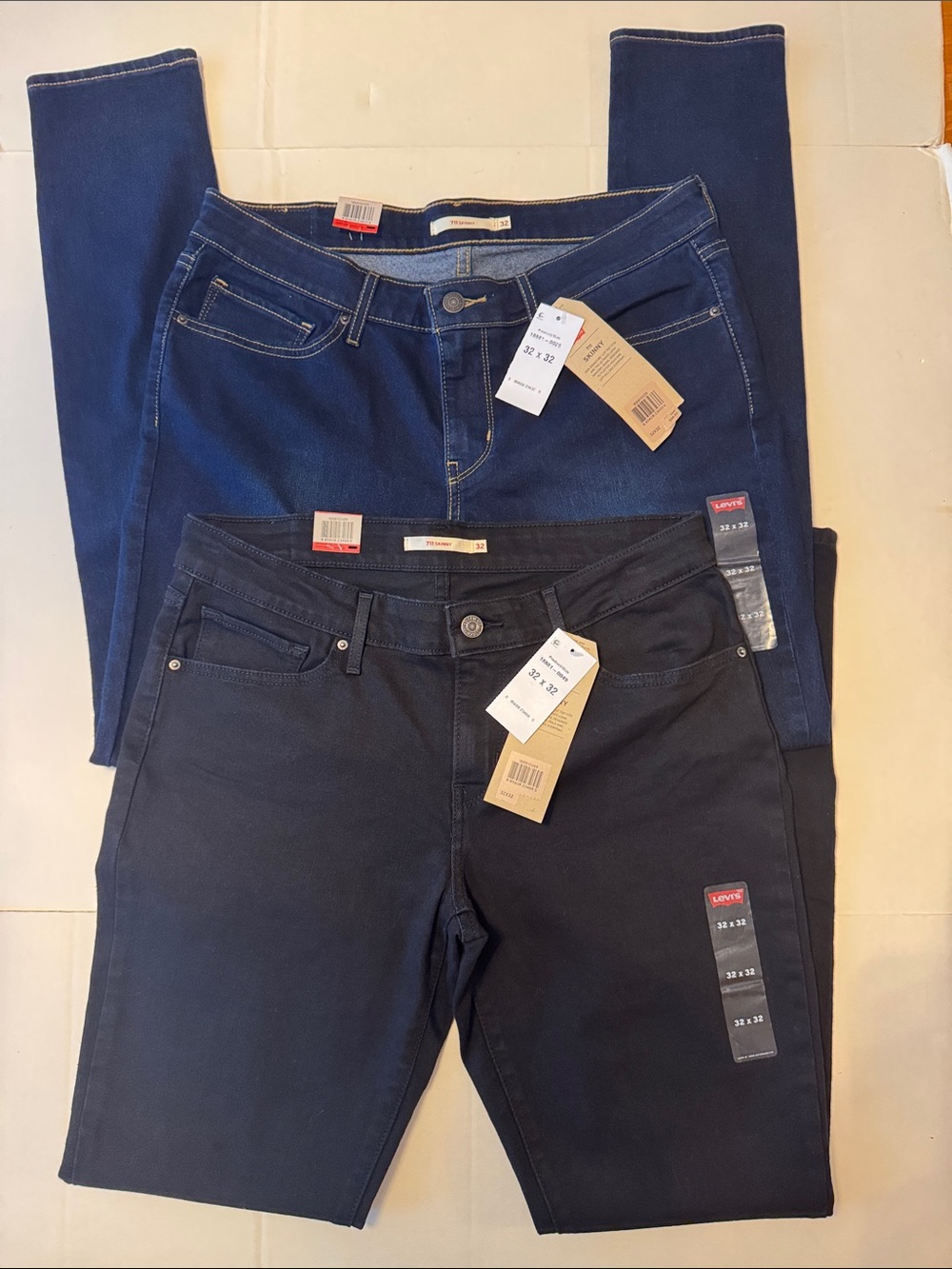 NWT Levi's Women's 711 Skinny Mid Rise Jeans Lot of 2 Bundle Black & Blue Sz 32
